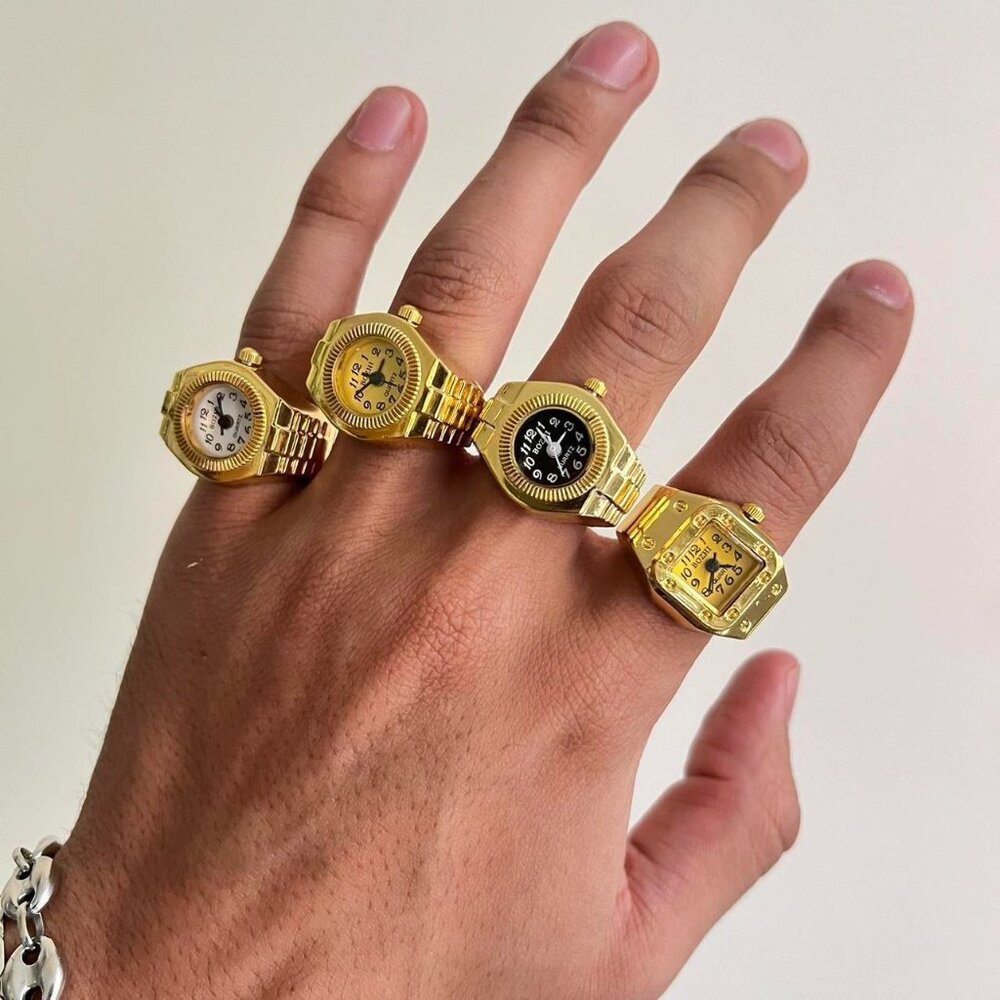 Gold tone Watch Ring with Round and square face - Picture 4 of 7